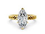 Yellow gold Marquise Solitaire Diamond Ring with Milgrain and Black Enamel X Pattern Band_88