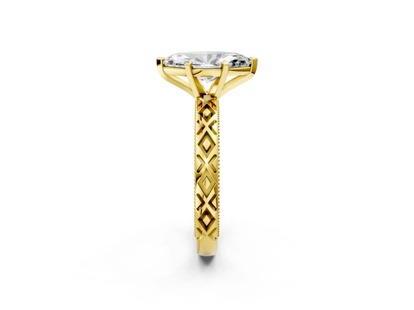 Yellow Gold Marquise Vintage Solitaire Engagement Ring Setting with Milgrain X Pattern Band