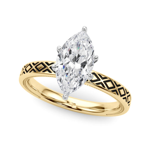 Yellow gold Marquise Solitaire Diamond Ring with Milgrain and Black Enamel X Pattern Band