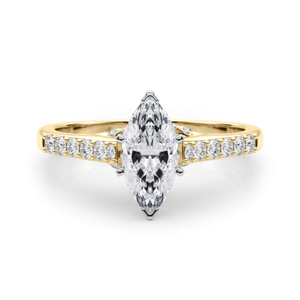 Yellow gold Marquise Solitaire Diamond Ring with Pavé Band and Four-Prong Setting 1