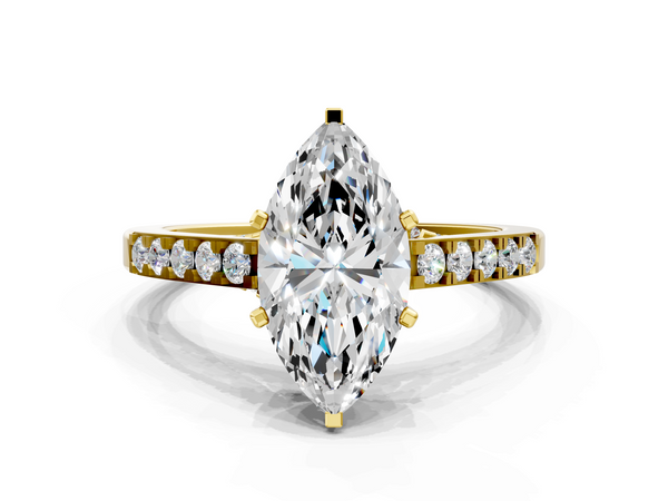 Yellow gold Marquise Diamond Solitaire Ring with Pavé Band and Prong Setting
