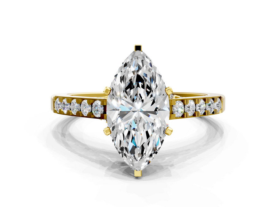 Yellow gold Marquise Diamond Solitaire Ring with Pavé Band and Prong Setting