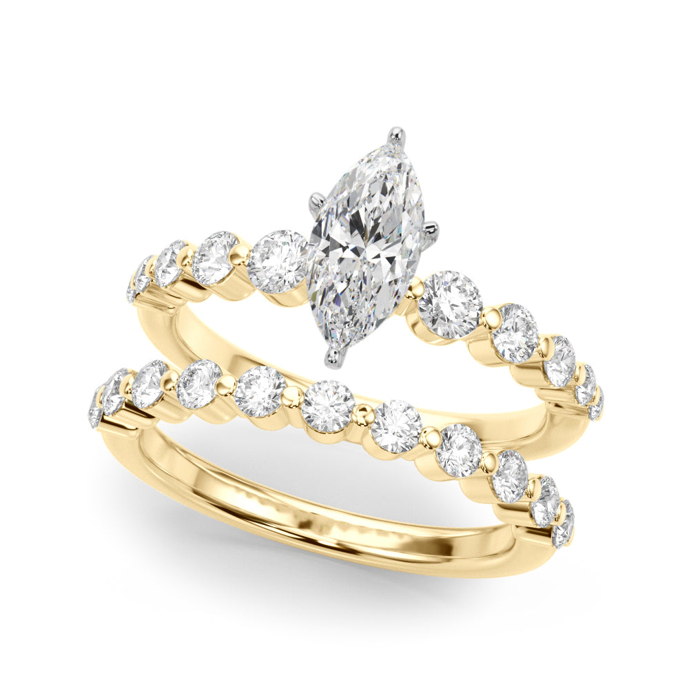 Yellow gold Marquise Solitaire Diamond Ring with Pave Band and Four-Prong Setting 1
