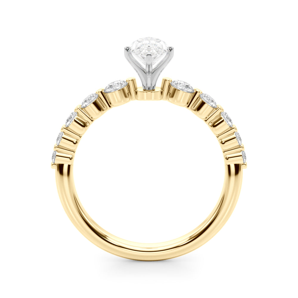 Yellow gold Marquise Solitaire Diamond Ring with Pave Band and Four-Prong Setting 2