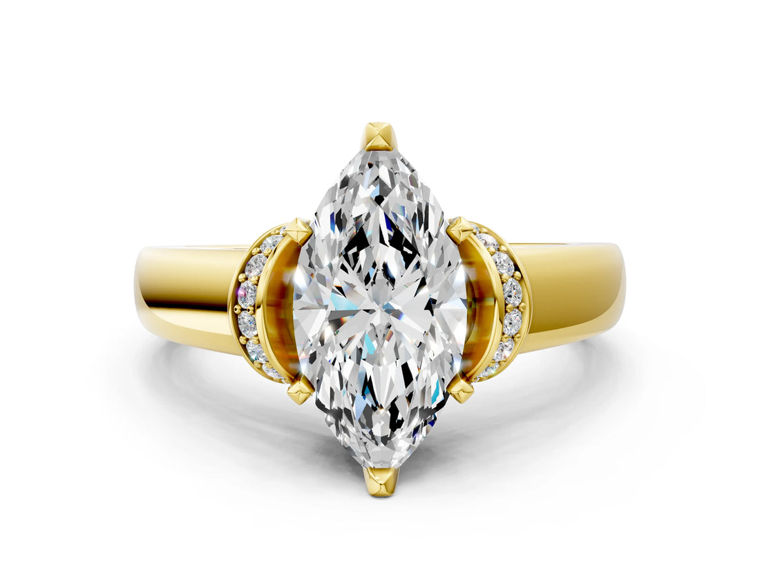 Yellow gold Marquise Solitaire Diamond Ring with Pave Band and Six-Prong Setting_35