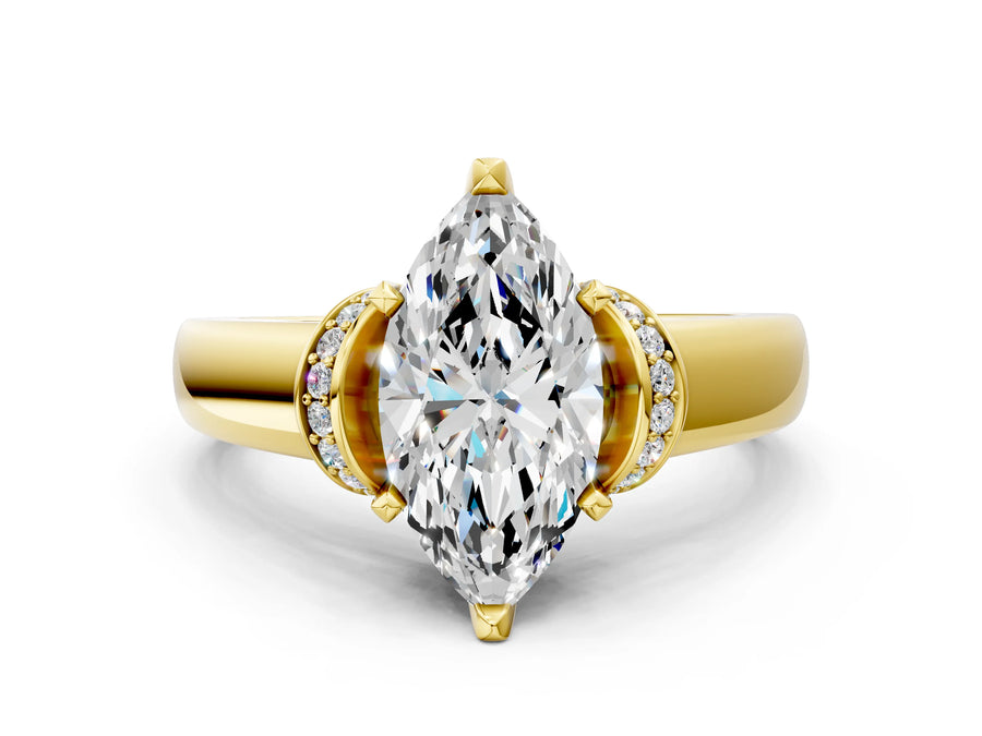 Yellow gold Marquise Solitaire Diamond Ring with Pave Band and Six-Prong Setting