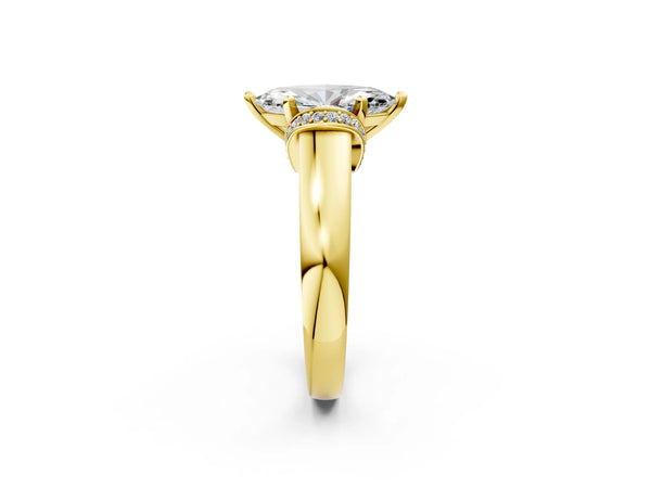 Yellow gold Marquise Solitaire Diamond Ring with Pave Band and Six-Prong Setting