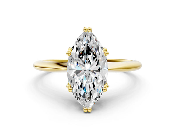 Yellow gold Marquise Solitaire Diamond Ring with Six-Prong Setting and Classic Band