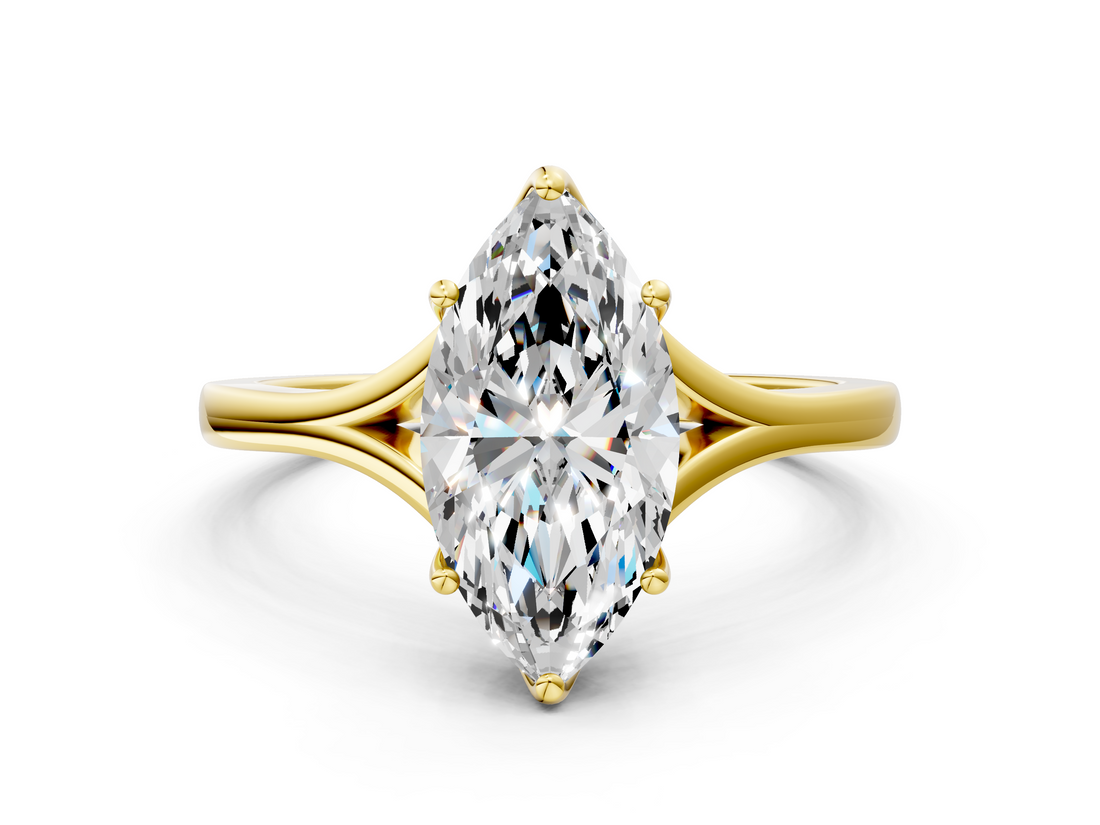 18K Yellow Gold 2.02 Carat F VVS2 Marquise Solitaire Diamond Ring with Six-Prong Setting and Tapered Band