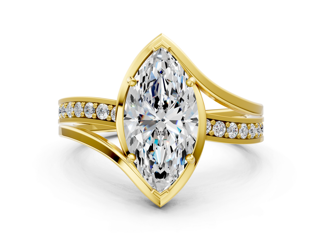 Yellow gold Marquise Solitaire Diamond Ring with Split Shank and Prong Setting_71