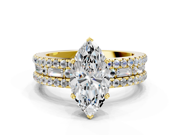 Yellow Gold Marquise Baguette Side Stone Engagement Ring Setting with Pave and Channel Band