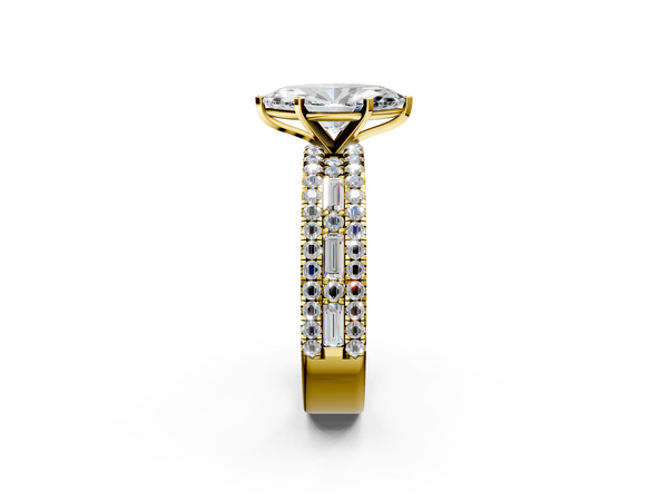 Yellow Gold Marquise Baguette Side Stone Engagement Ring Setting with Pave and Channel Band