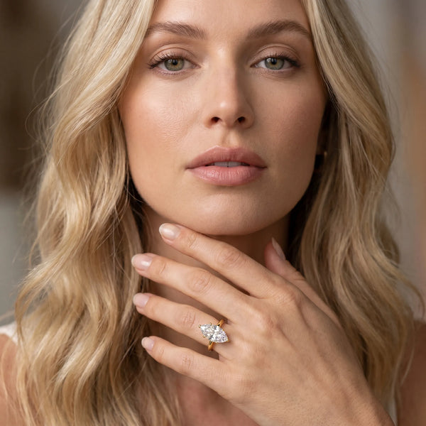 Yellow Gold Marquise Hidden Halo Solitaire Engagement Ring Setting with Pave Collar