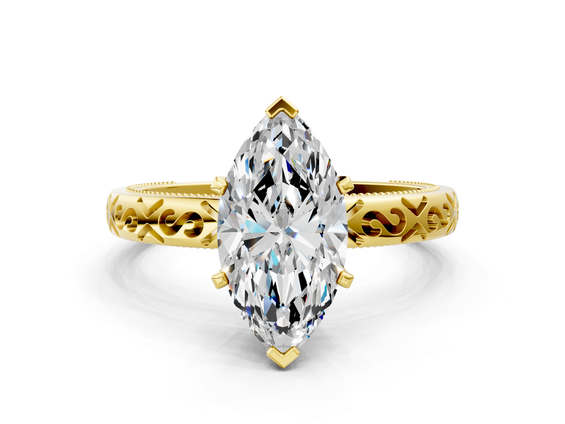 Yellow gold Marquise Solitaire Engagement Ring with Scrollwork Band and Four-Prong Setting_147