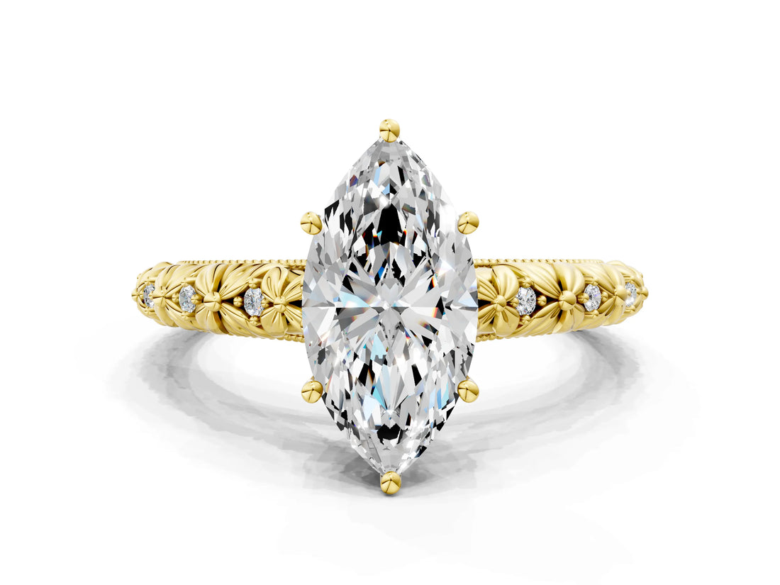 Yellow gold Marquise Solitaire Floral Milgrain Engagement Ring_32