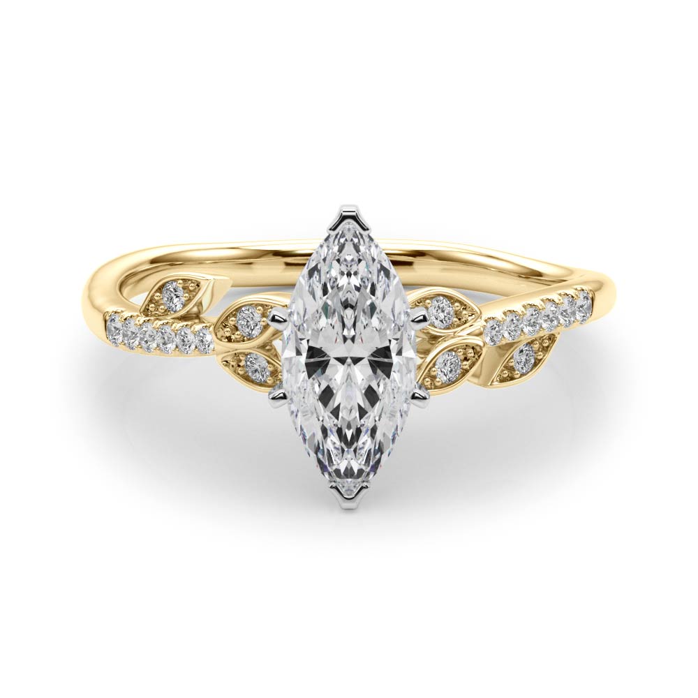 Yellow gold Marquise Solitaire Leaf-Inspired Diamond Ring with Pavé Band and Four-Prong Setting 1