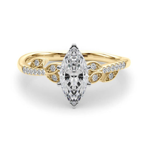 Yellow gold Marquise Solitaire Leaf-Inspired Diamond Ring with Pavé Band and Four-Prong Setting 1