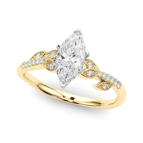Yellow gold Marquise Solitaire Leaf-Inspired Diamond Ring with Pavé Band and Four-Prong Setting