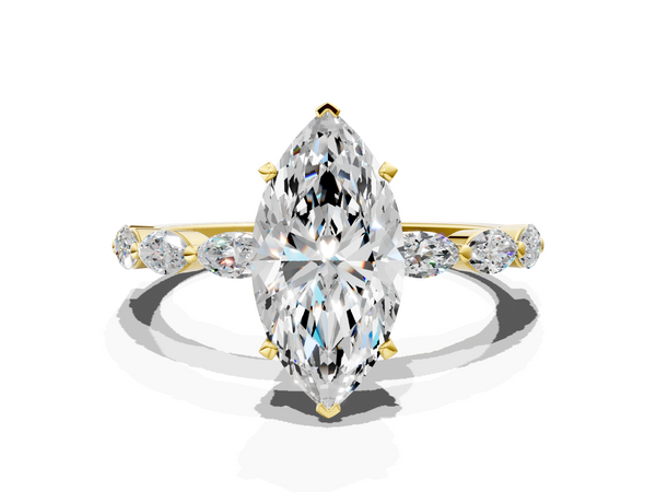 Yellow gold Marquise Cut Diamond Ring with Marquise Side Stones and Prong Setting