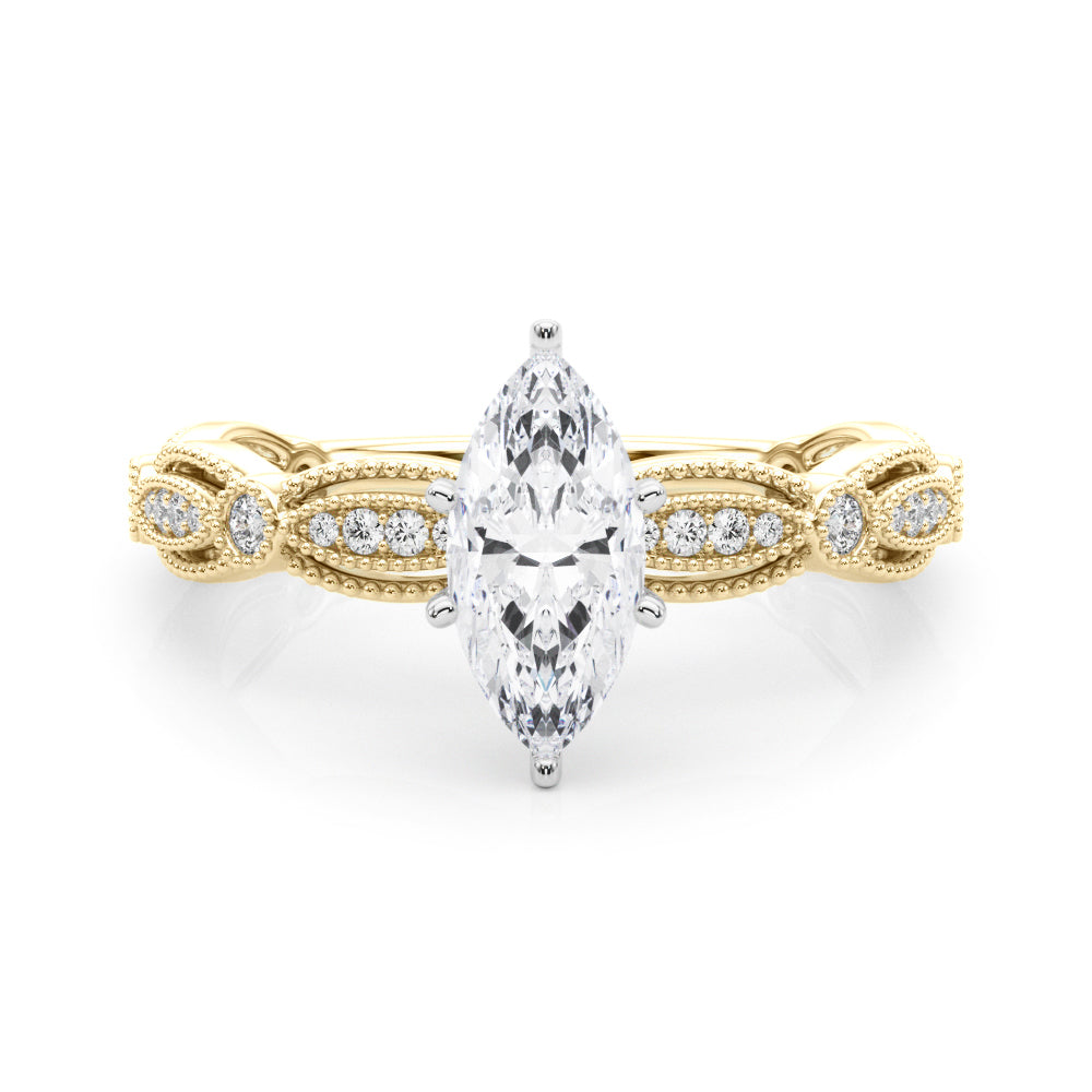 Yellow gold Marquise Solitaire Milgrain Diamond Engagement Ring with Bezel and Marquise Band 1