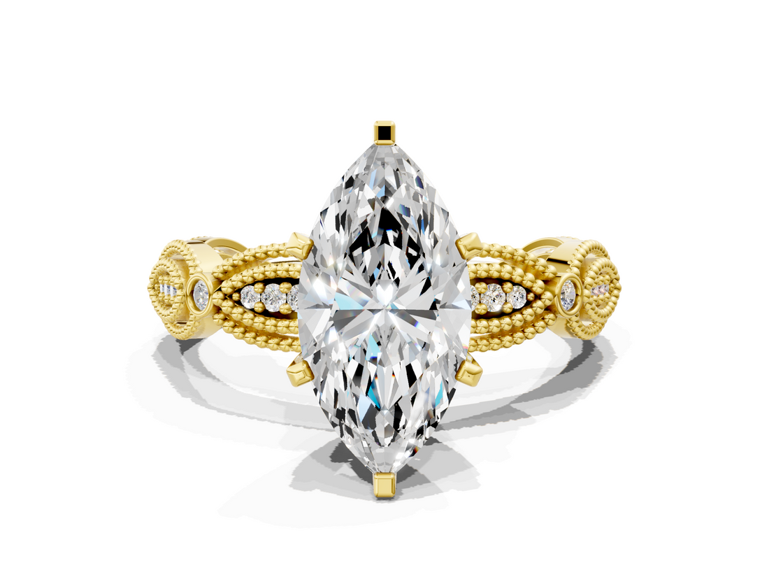 Yellow gold Marquise Solitaire Milgrain Diamond Engagement Ring with Bezel and Marquise Band_145