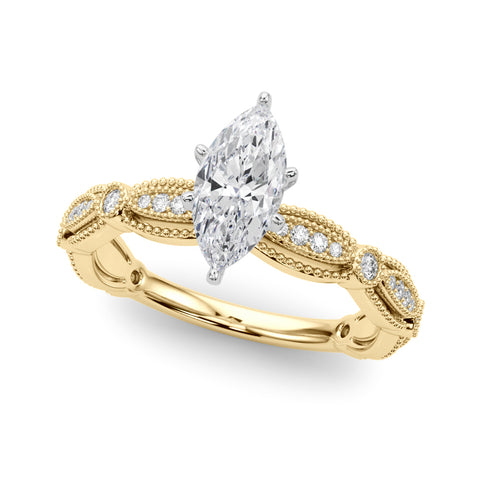 Yellow gold Marquise Solitaire Milgrain Diamond Engagement Ring with Bezel and Marquise Band