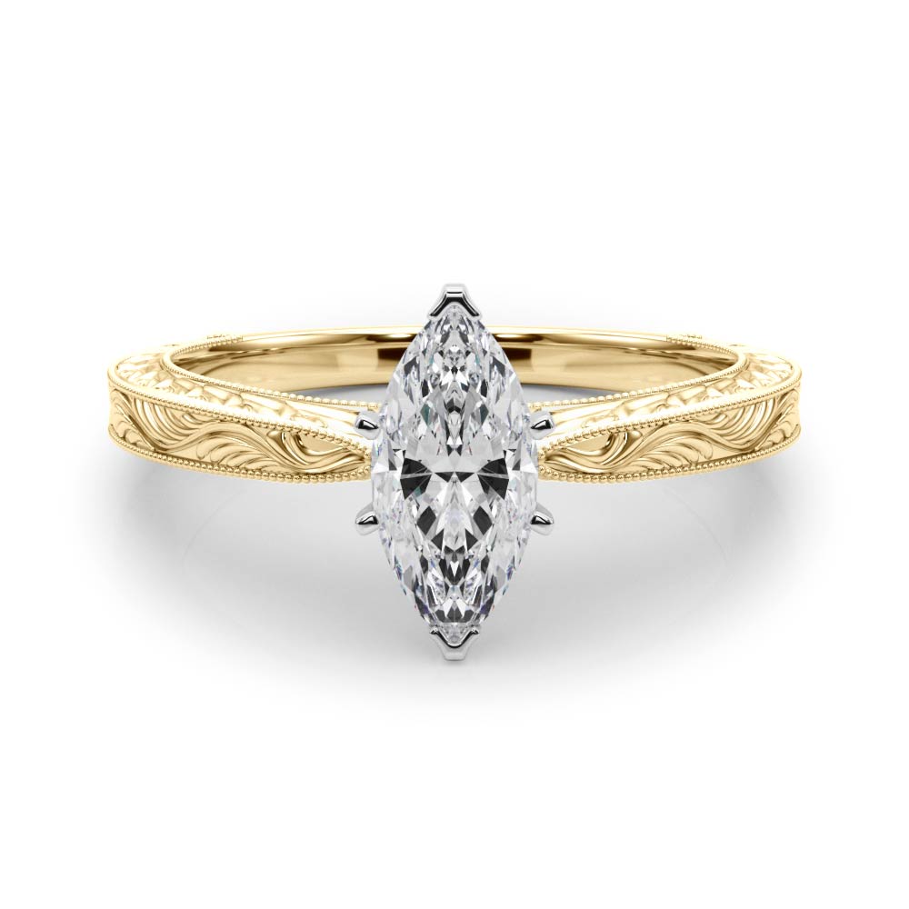 Yellow gold Marquise Solitaire Milgrain Engraved Band with Four-Prong Setting 1