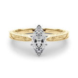 Yellow gold Marquise Solitaire Milgrain Engraved Band with Four-Prong Setting 1