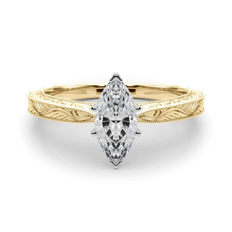 Yellow gold Marquise Solitaire Milgrain Engraved Band with Four-Prong Setting 1