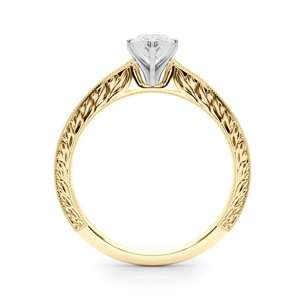 Yellow gold Marquise Solitaire Milgrain Engraved Band with Four-Prong Setting 2