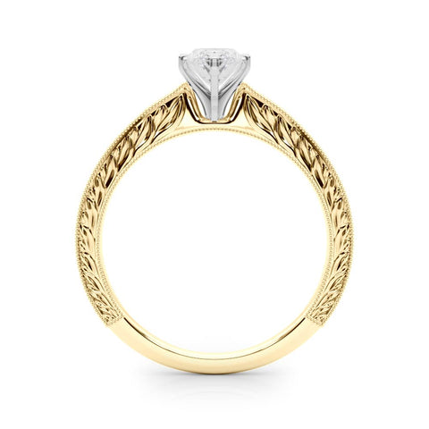 Yellow gold Marquise Solitaire Milgrain Engraved Band with Four-Prong Setting 2