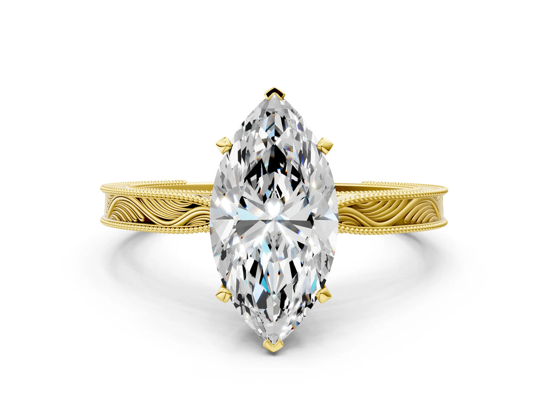 Yellow gold Marquise Solitaire Milgrain Engraved Band with Four-Prong Setting_4