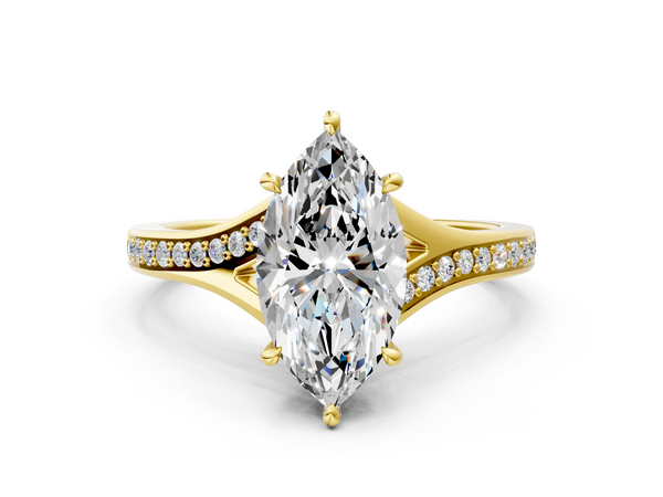 Yellow gold Marquise Cut Diamond Solitaire Ring with Pavé Band and Prong Setting