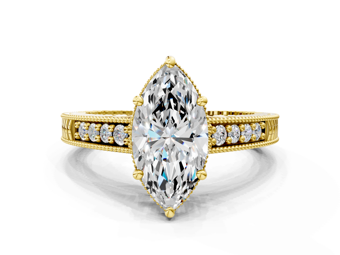 Yellow gold Marquise Solitaire Pavé Diamond Milgrain Engagement Ring with Four-Prong Setting_6