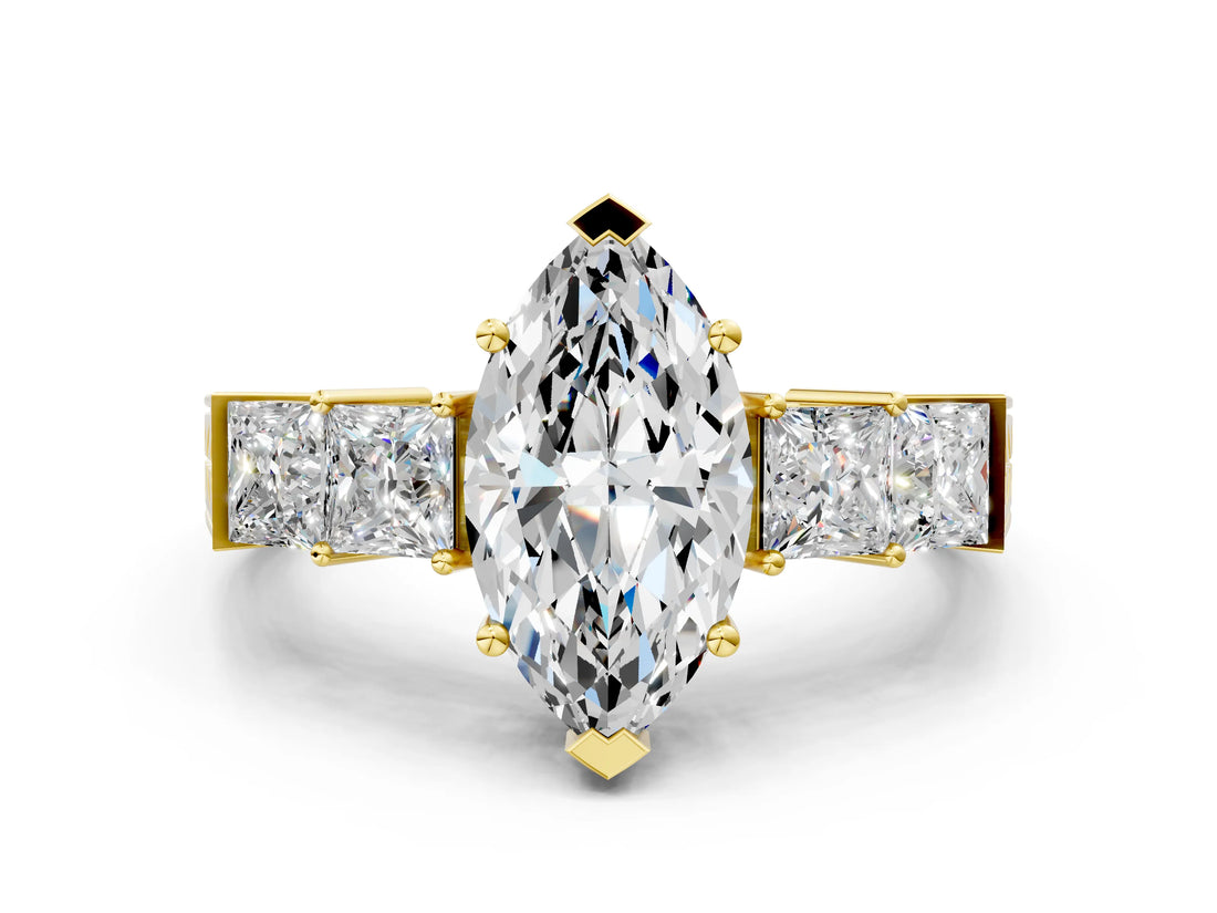 Yellow gold Marquise Solitaire Princess Side Stone Engraved Band Prong Setting Ring_3