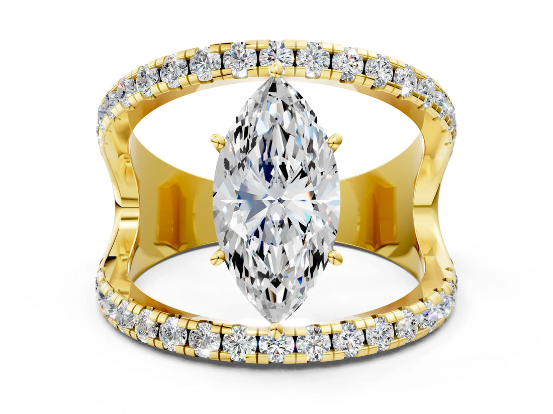 Yellow gold Marquise Solitaire Split Shank Pave Diamond Ring_49