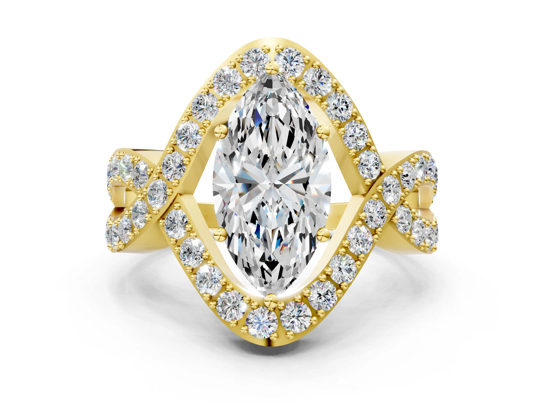 Yellow gold Marquise Solitaire Twist Band Pavé Diamond Engagement Ring_32
