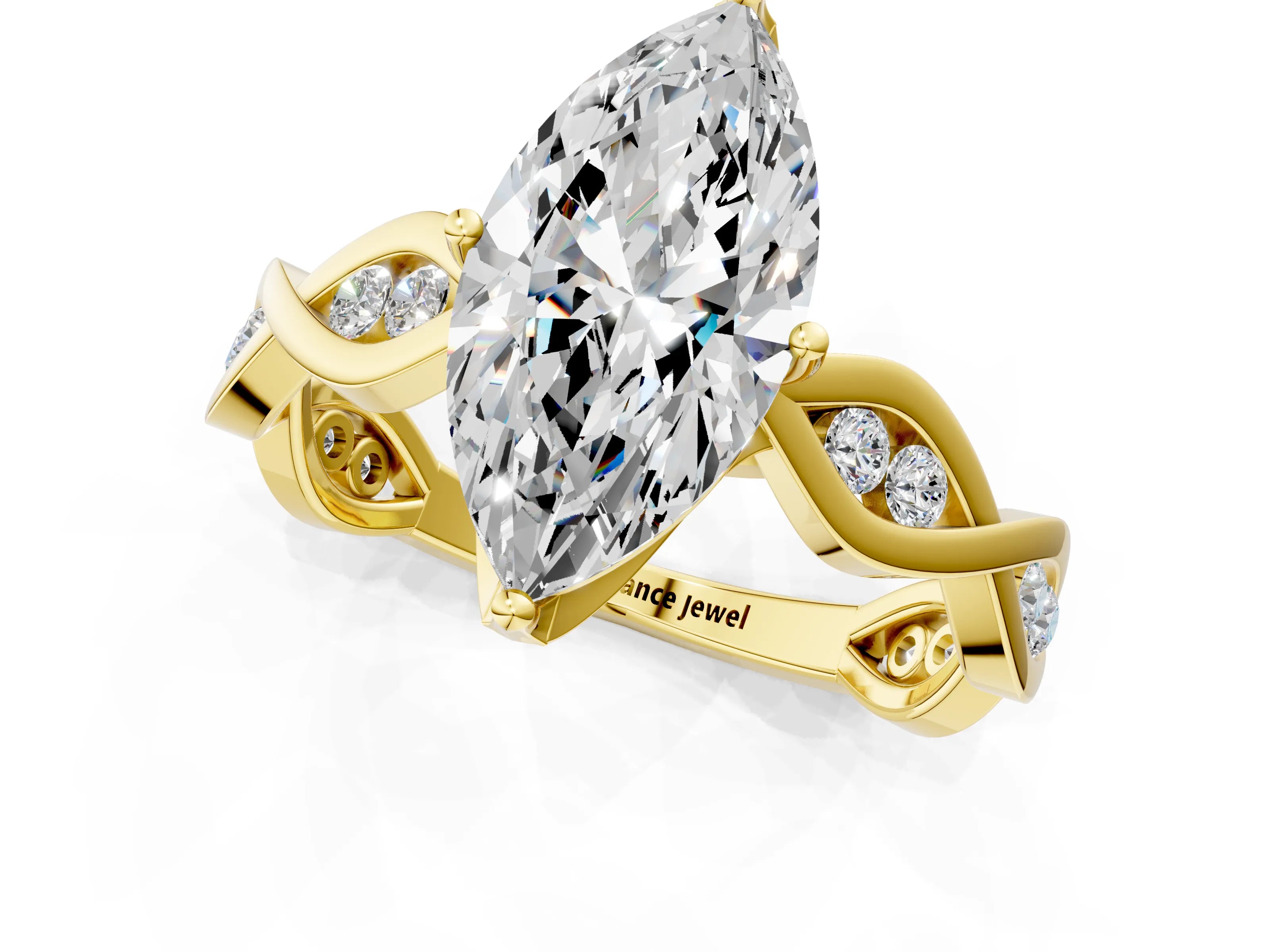 Yellow gold Marquise Solitaire Twist Band with Leaf Prong Setting 1