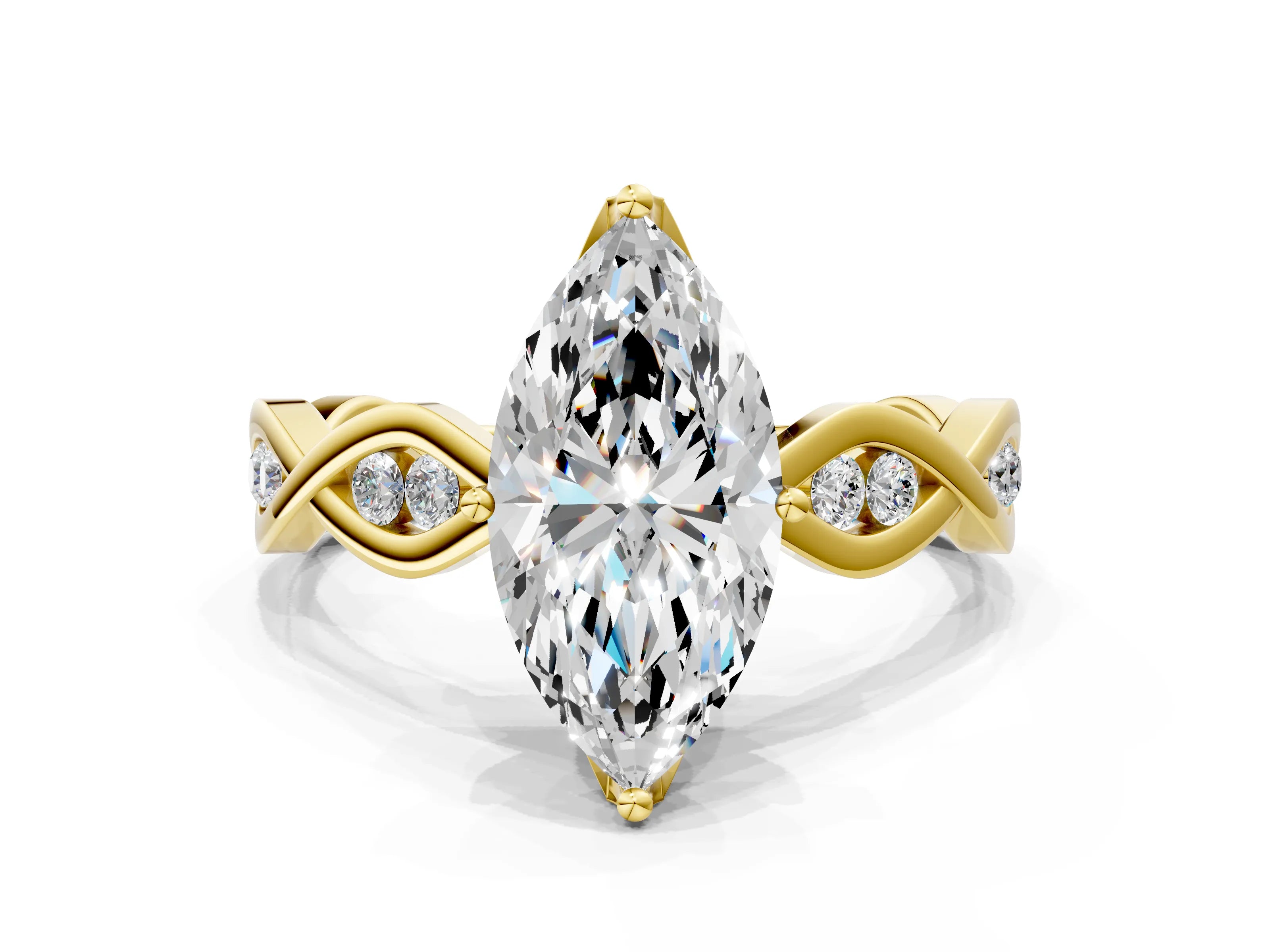 Yellow gold Marquise Solitaire Twist Band with Leaf Prong Setting
