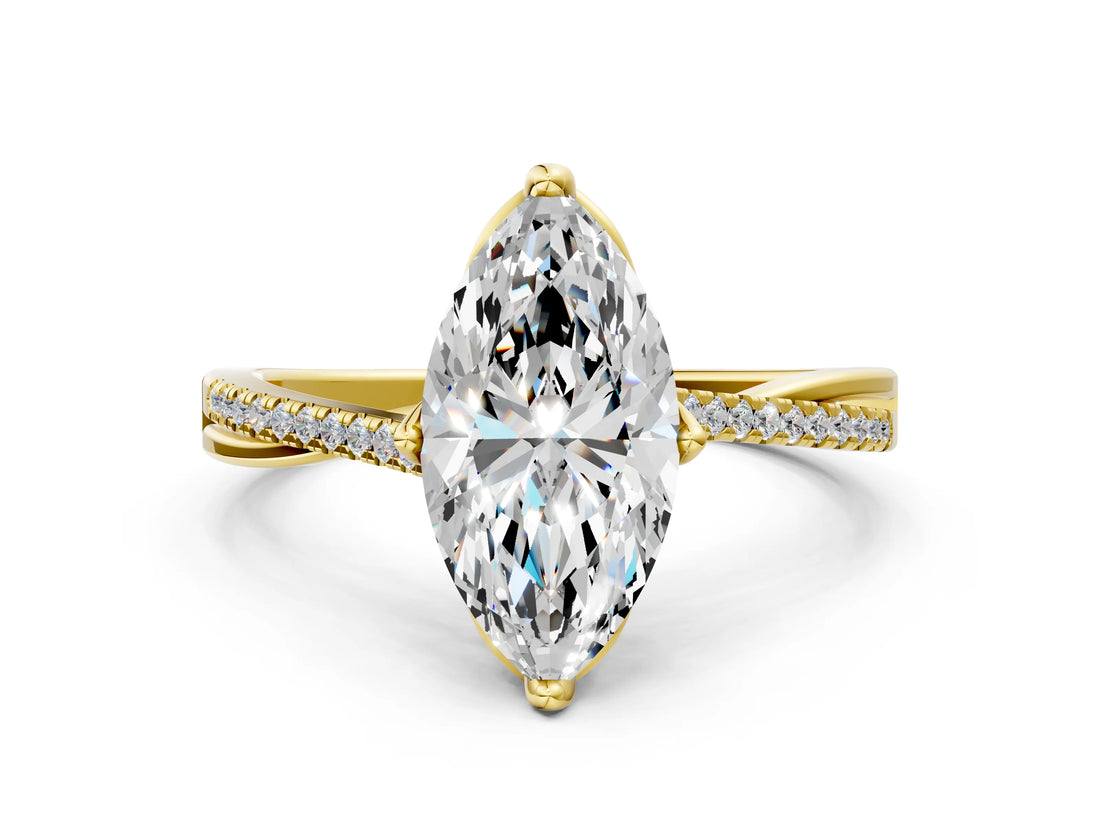 Yellow gold Marquise Solitaire Twist Band with Pavé Diamonds and Four-Prong Setting_68