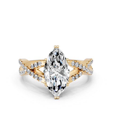 Yellow gold Marquise Solitaire Twist Band with Pavé Setting and Four-Prong Setting_16
