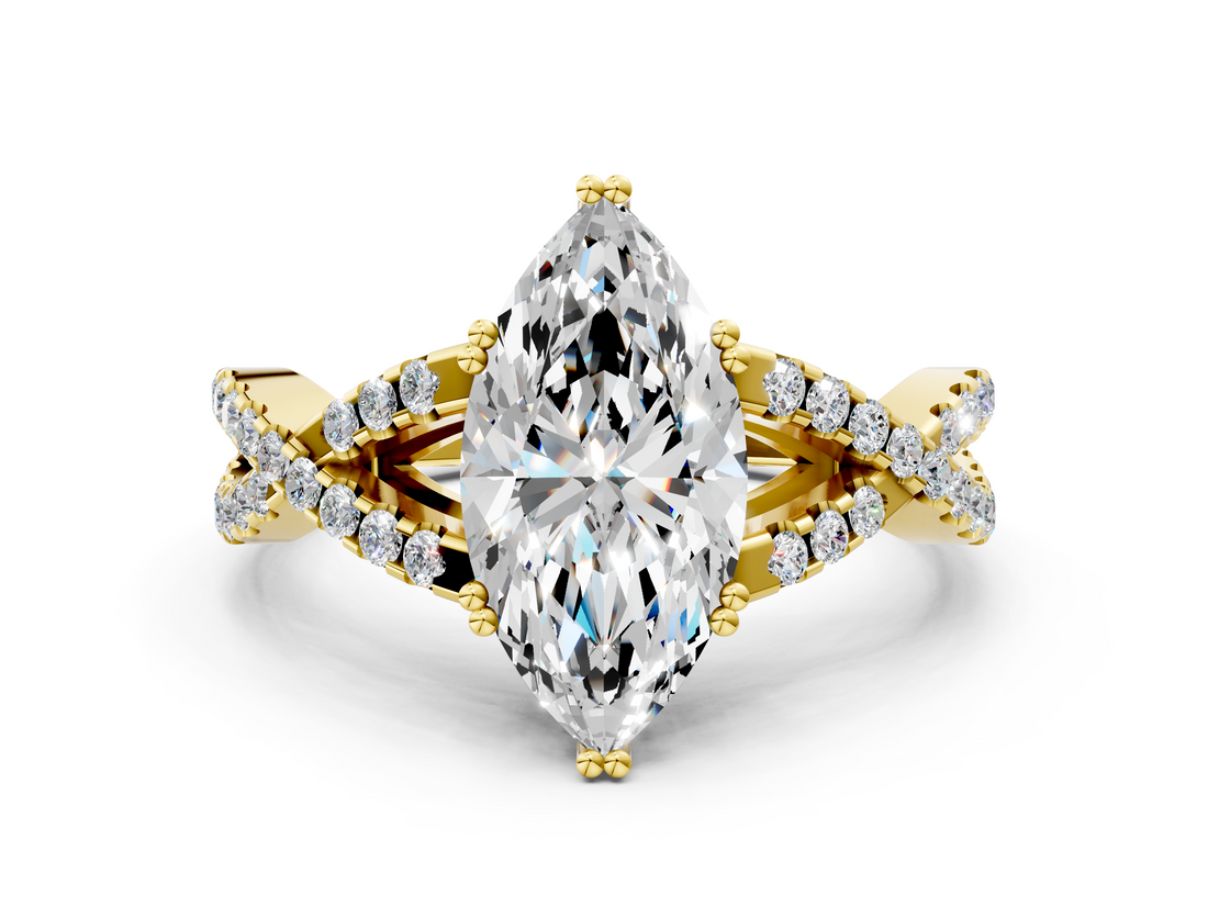 Yellow gold Marquise Solitaire Twist Band with Pavé Setting and Four-Prong Setting_25