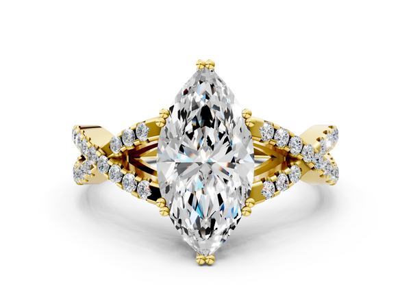 Yellow gold Marquise Cut Diamond Solitaire Ring with Four-Prong Setting and Twisted Pavé Band