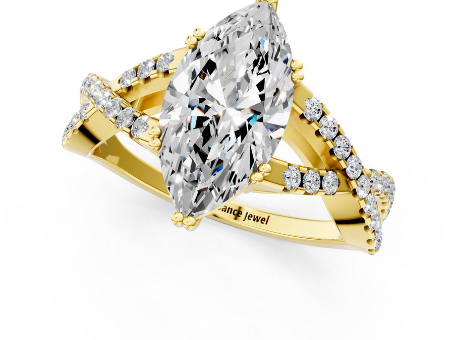 Yellow gold Marquise Solitaire Twist Band with Pavé Setting and Four-Prong Setting