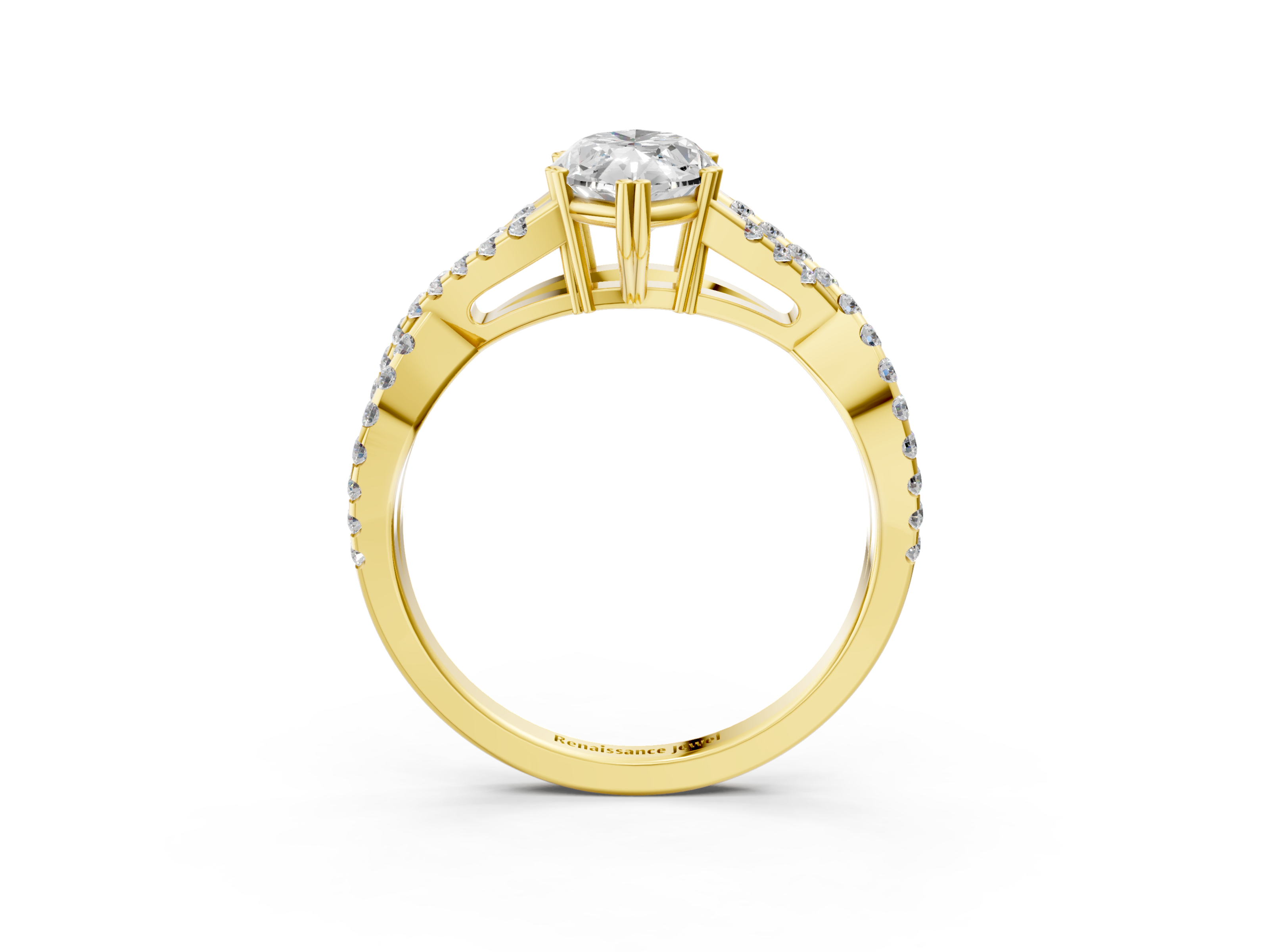Yellow gold Marquise Solitaire Twist Band with Pavé Setting and Four-Prong Setting_28