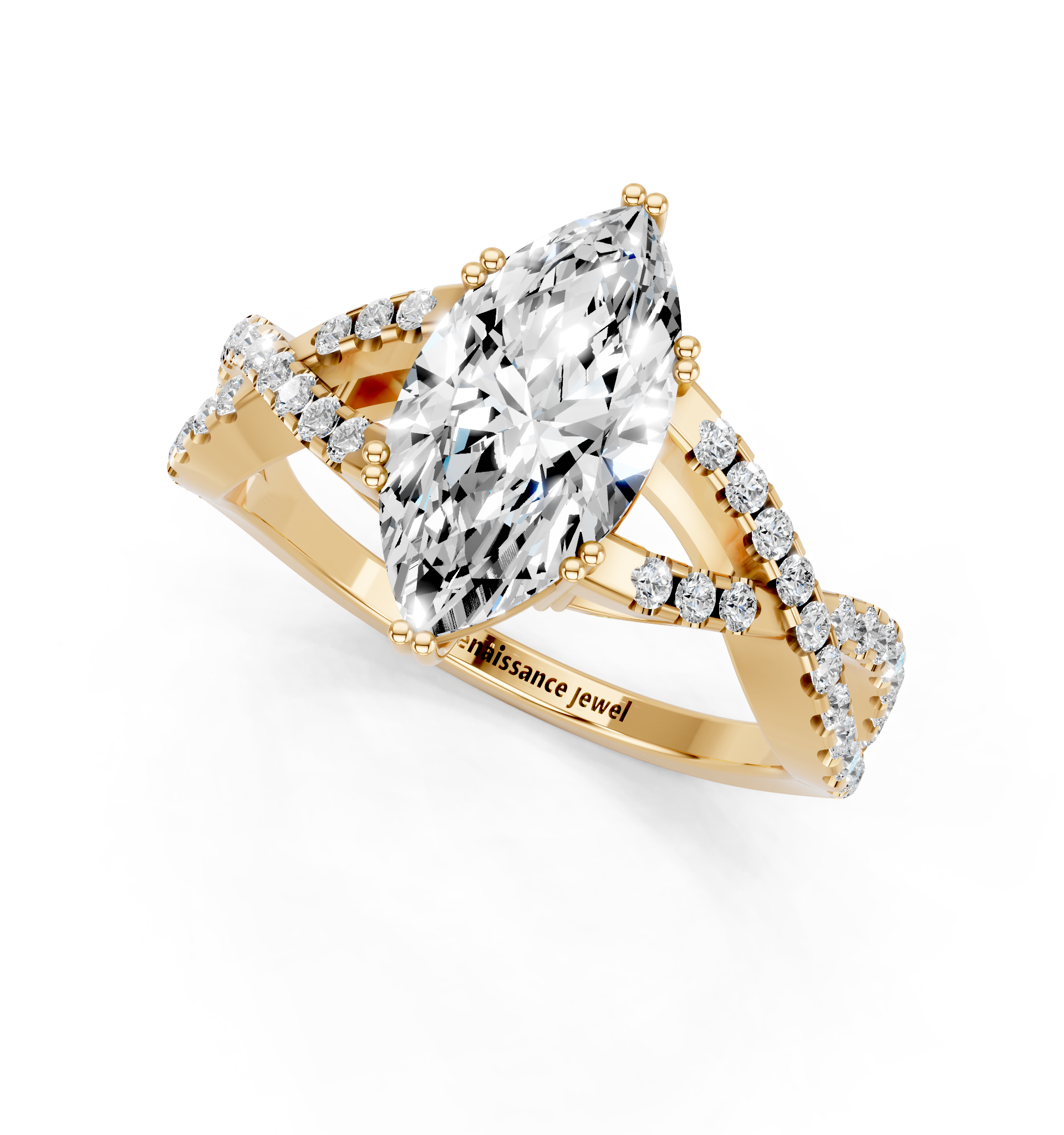 Yellow gold Marquise Solitaire Twist Band with Pavé Setting and Four-Prong Setting_8