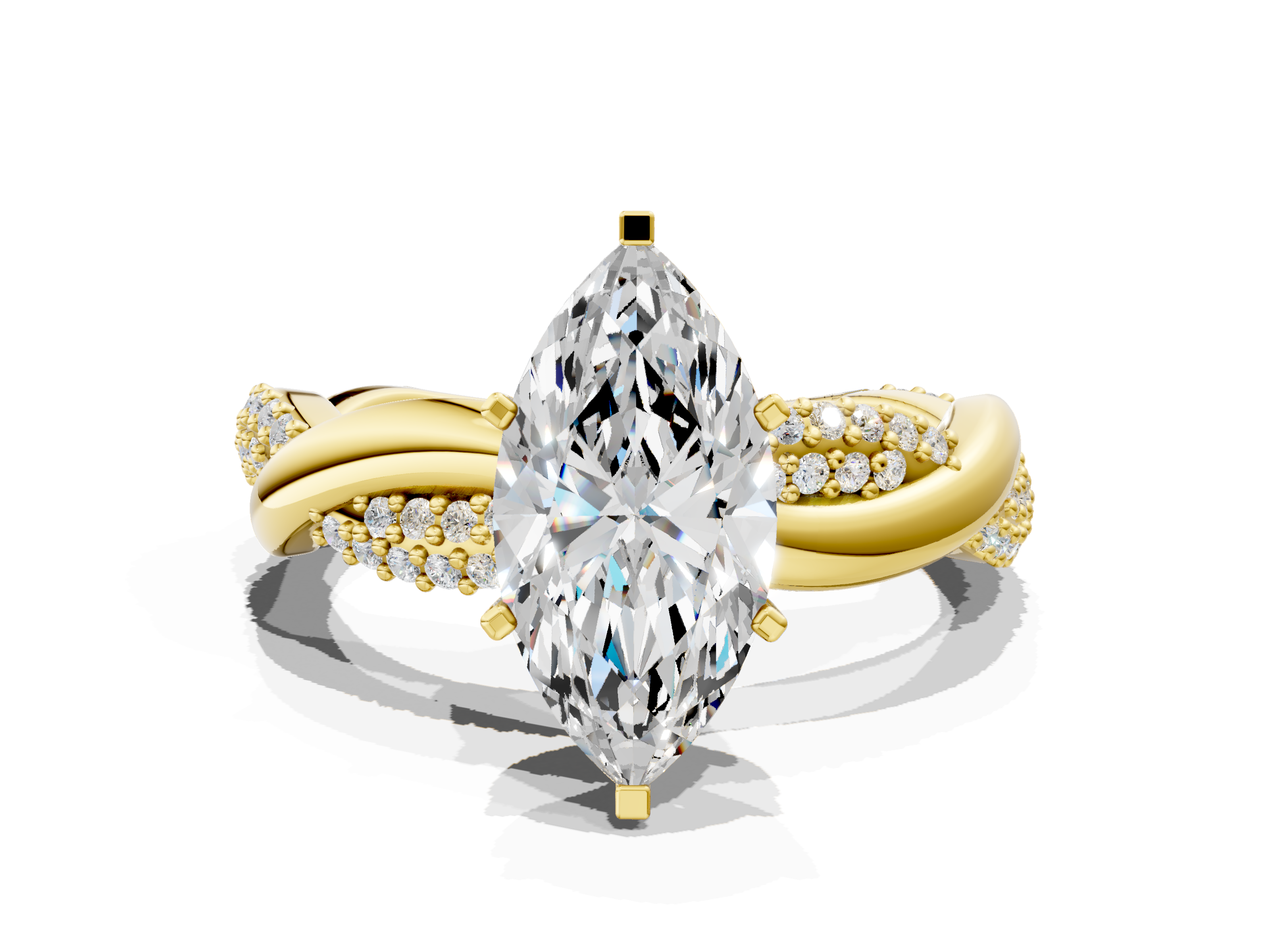 Yellow gold Marquise Solitaire Twist Band with Pave Prong Setting_71