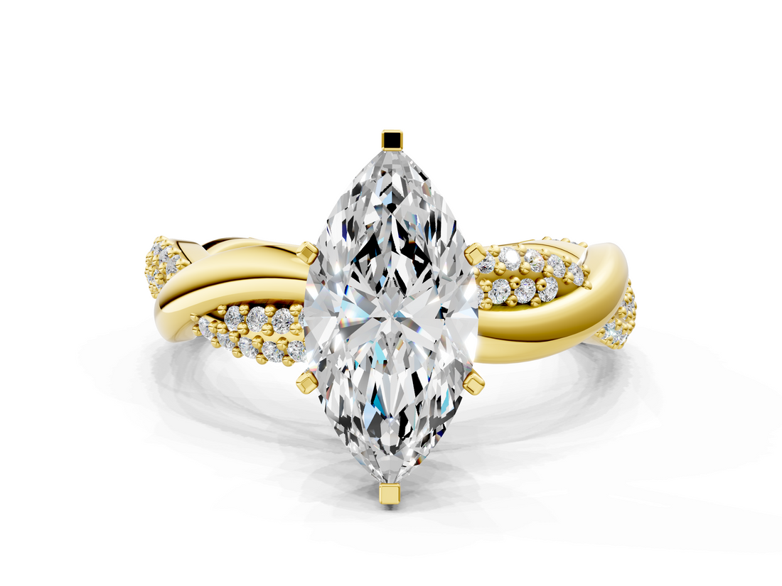 Yellow gold Marquise Solitaire Twist Band with Pave Prong Setting_88