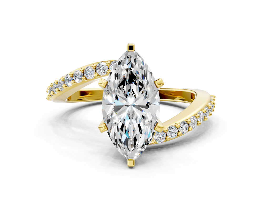 Yellow gold Marquise Solitaire Twist Band with Pave Set Diamonds and Four-Prong Setting_94