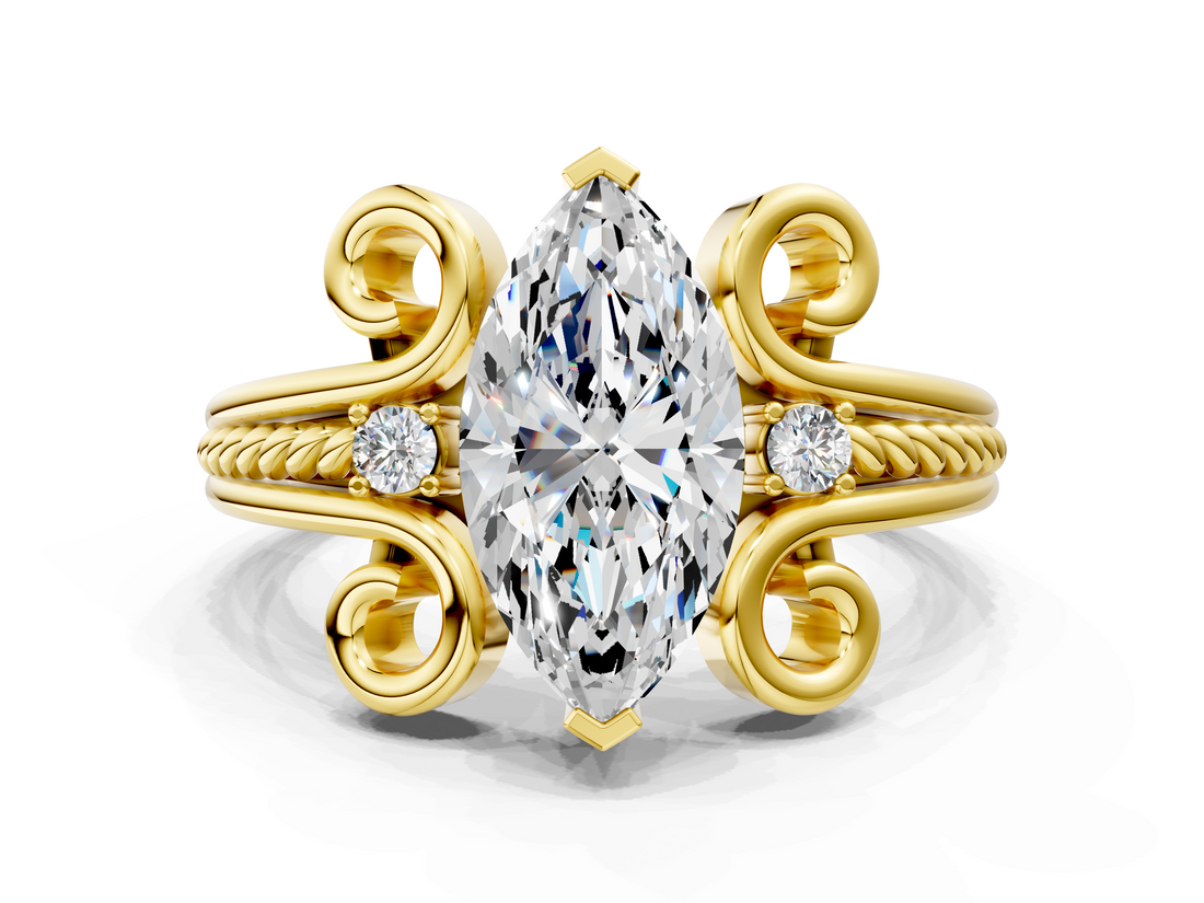 Yellow gold Marquise Solitaire Twisted Band Scroll Prong Ring_6